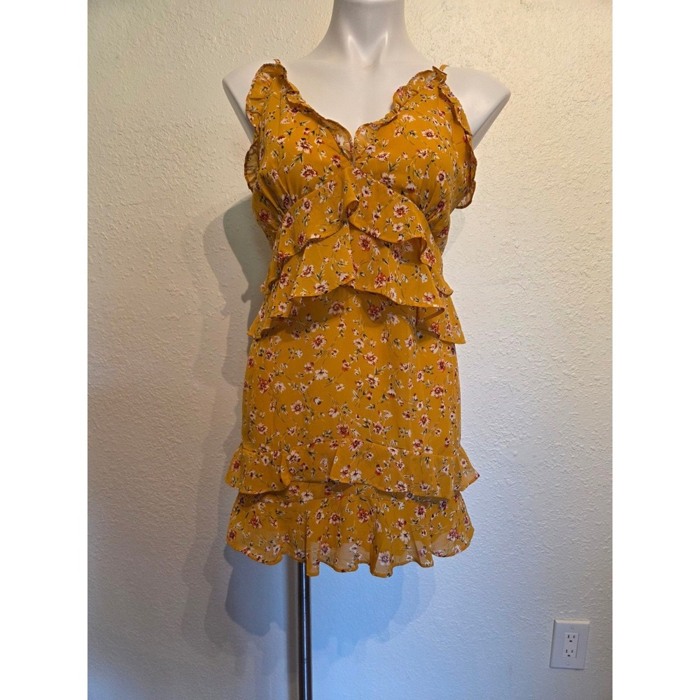 Sweet Pot Mustard Yellow Floral Ruffle Tiered Mini Dress Size 10 Summer Dress